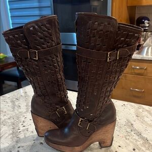 Brown Kenneth Cole Leather Wedge Heel Boots